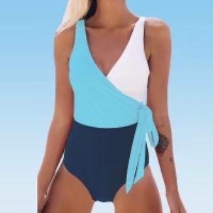Women's One Piece Swimsuit Wrap Color Block Tie Side Bathing Suit -